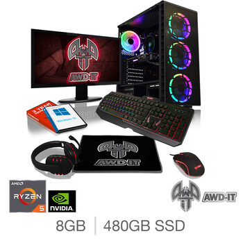 AWD-IT Ranger 5 Plus, AMD Ryzen 5, 8GB RAM, 480GB SSD, NVIDIA GeForce GTX 1650, Gaming Desktop PC with 23.6” Full HD LED Widescreen Monitor, RGB Gaming Keyboard & Mouse, Plus Headset & Mouse Pad
