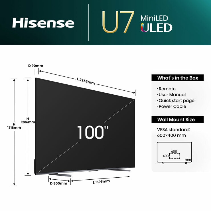 Hisense 100U7NQTUK 100 Inch Mini-LED 4K UHD Smart TV Hisense 100U7NQTUK 100 Inch Mini-LED 4K UHD Smart TV