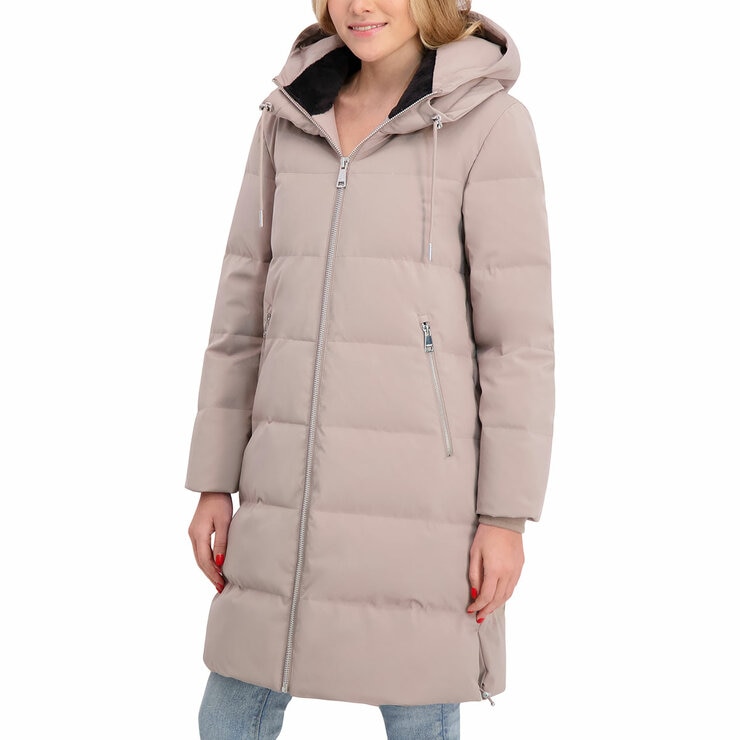 DKNY Ladies Long Down Coat with Hood in Taupe