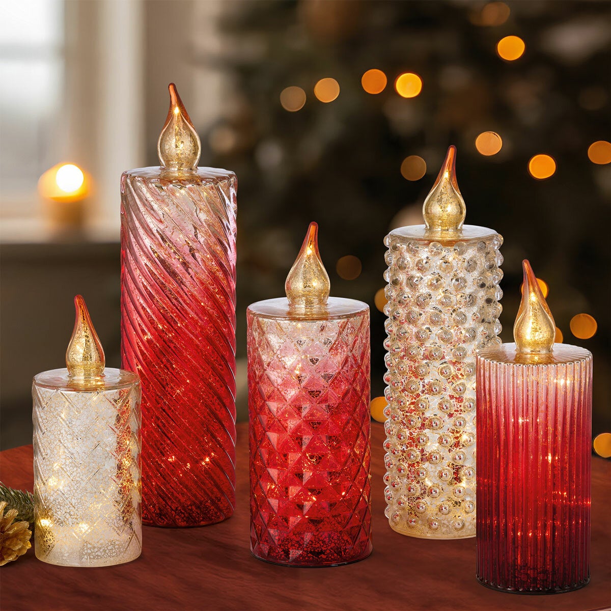 Glass LED Candles In Red - Set Of 5