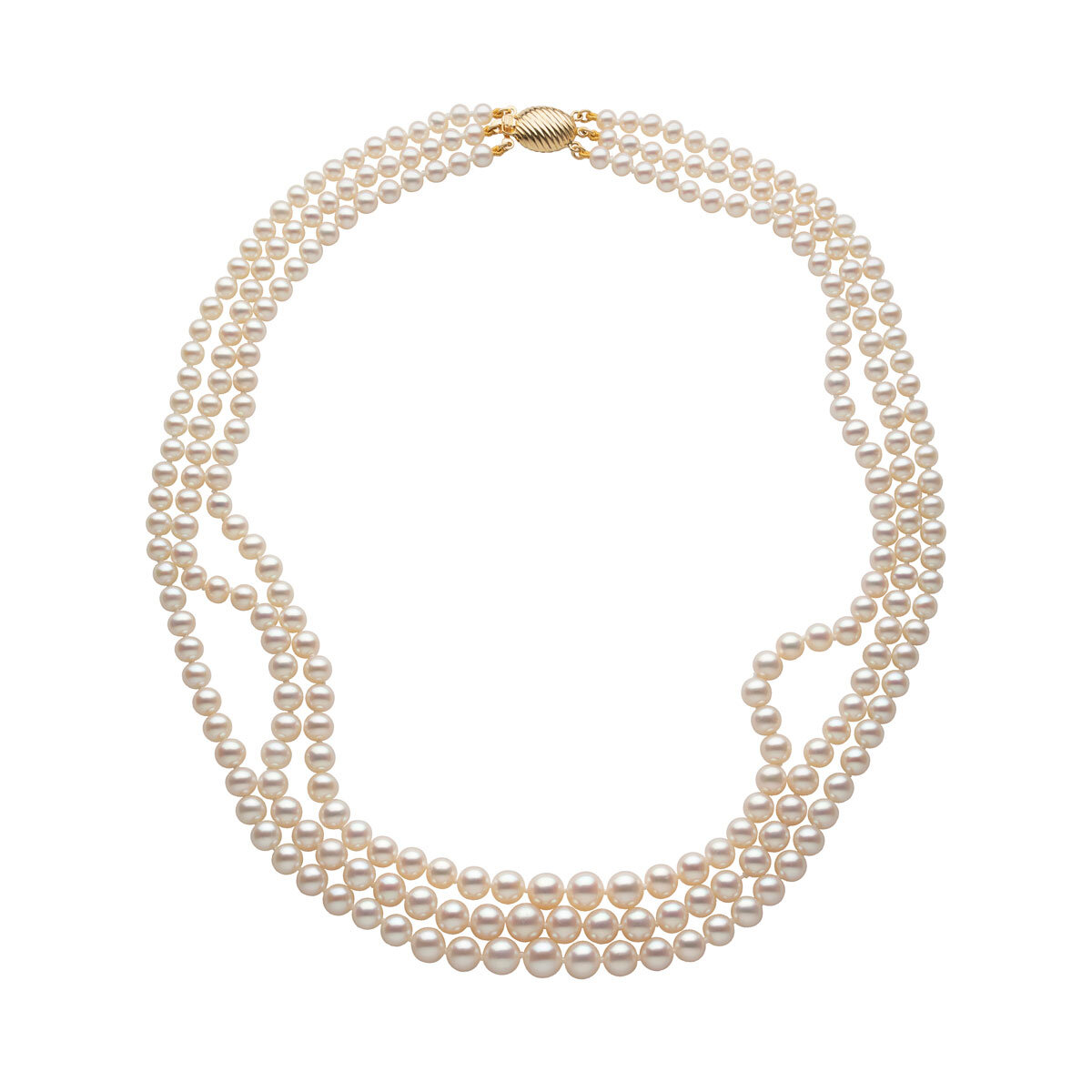 3-7mm Cultured Freshwater White 3 Strand Graduated Pearl Necklace, 18ct Yellow Gold