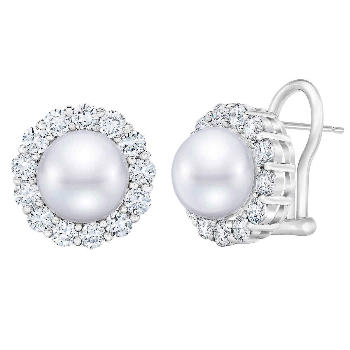 9-10mm Cultured Freshwater White Pearl & 1.95ctw Diamond Earrings, 14ct White Gold