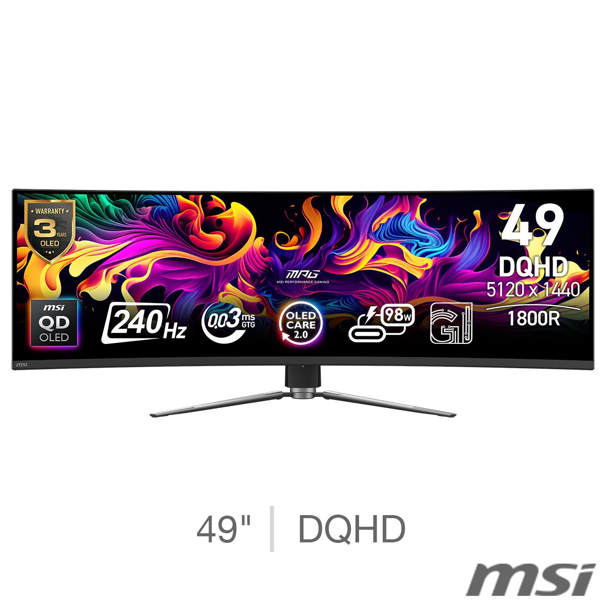 MSI MPG 491CQP DQHD 144Hz QD-OLED Curved Gaming Monitor, 9S6-3FA84T-003