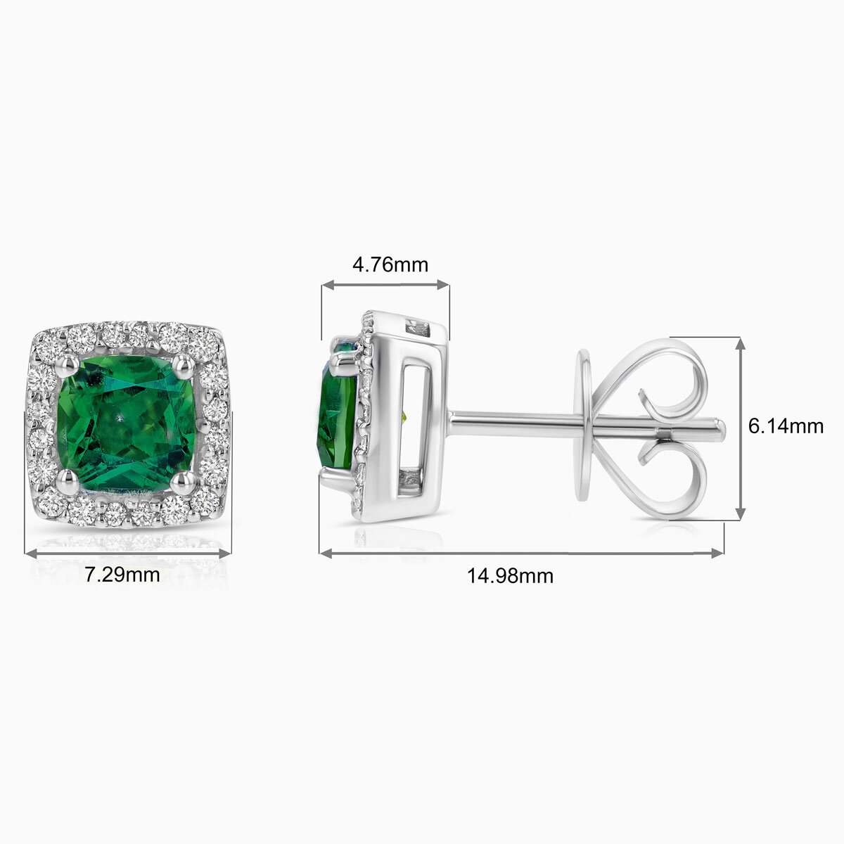 Cushion Cut Lab Emerald and 0.13ctw Diamond Stud Earrings, 14ct White Gold