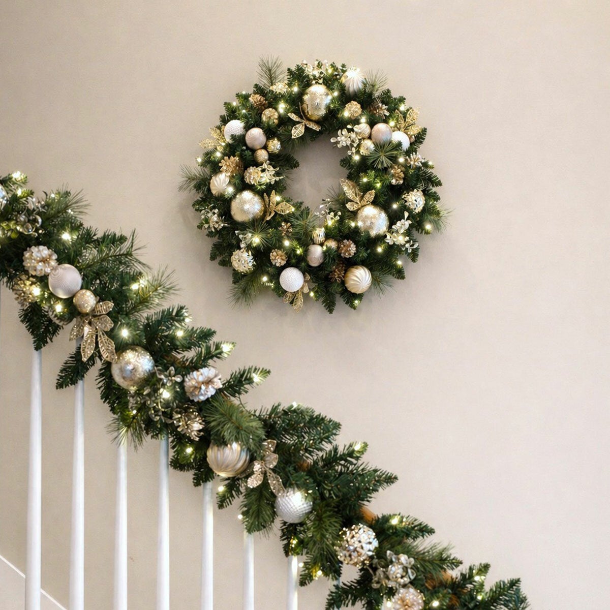 30 inch (76cm) Pre-Lit Decorated Wreath with 50 LED Lights in Metallic 30 inch (76cm) Pre-Lit Decorated Wreath with 50 LED Lights in Metallic