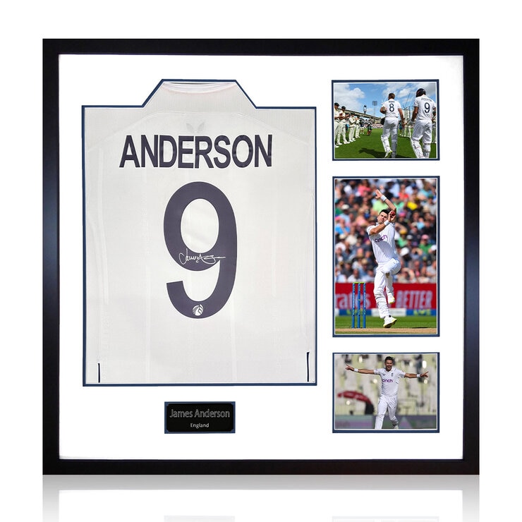 James Anderson Signed Framed England Football Shirt# including 3 Photos James Anderson Signed Framed England Football Shirt# including 3 Photos