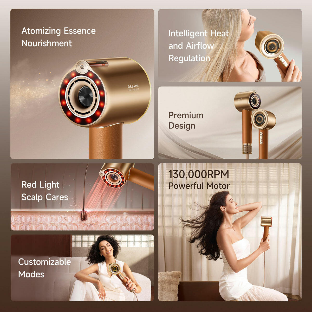 Lifestyle image showing features of the hairdryer Lifestyle image showing features of the hairdryer