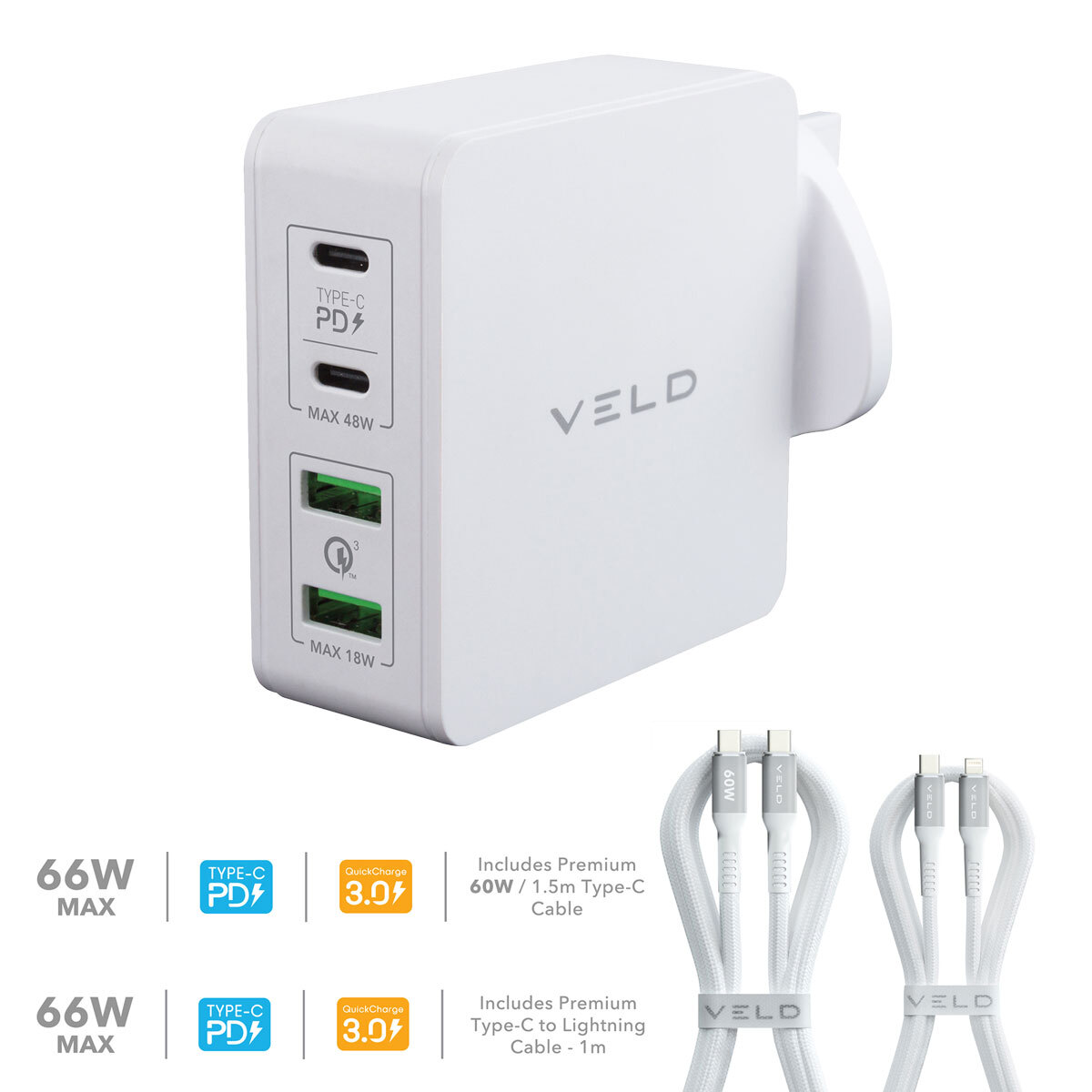 VELD Super-Fast Max 66W 4 Port Wall Charger with Lightning or Type-C Cable
