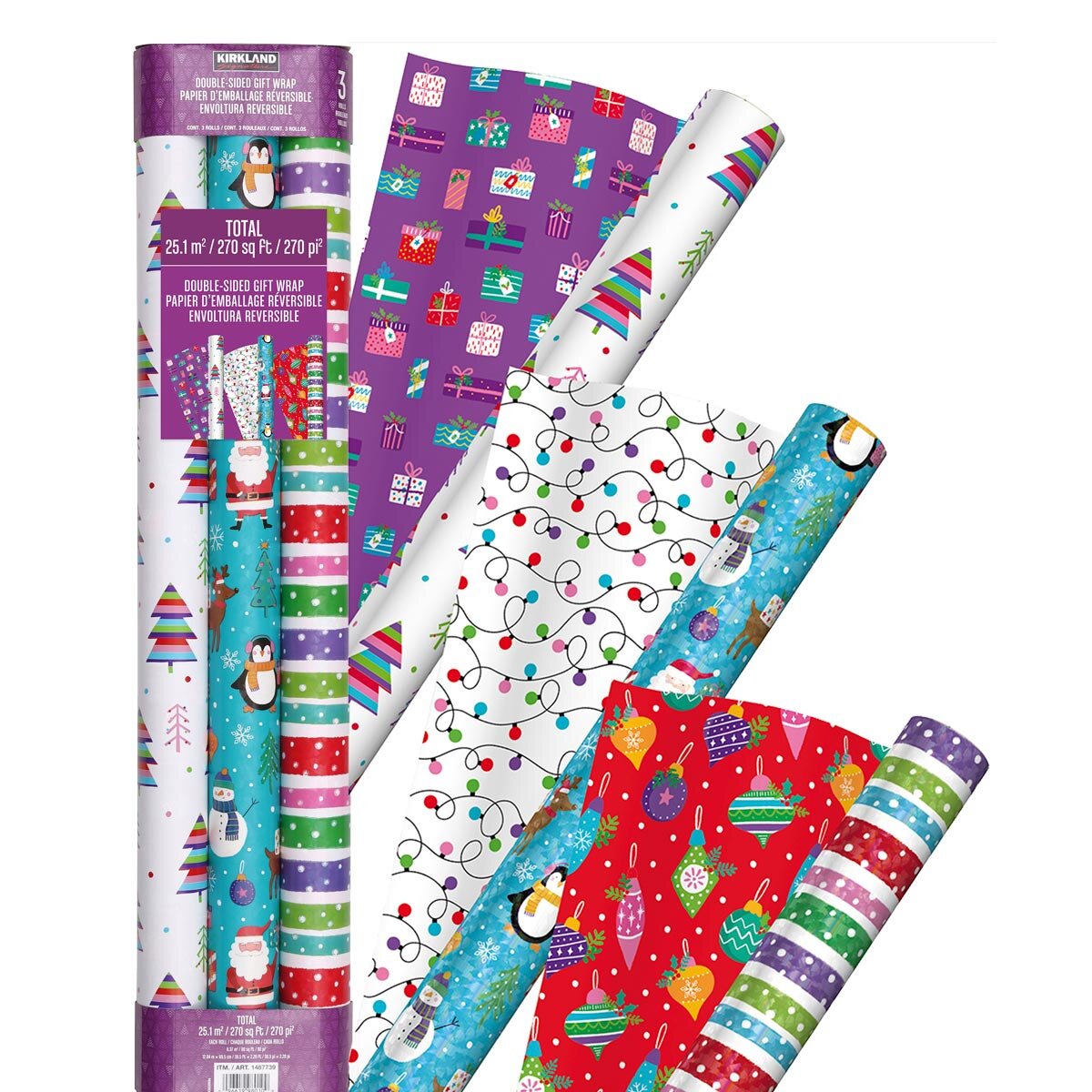 Kirkland Signature 540ft² (50.2m²) Bright Double Sided Gift Wrap - 2 Packs of 3