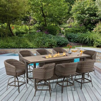 Agio Edison 9 Piece High Dining Fire Wicker Chat Set + Cover