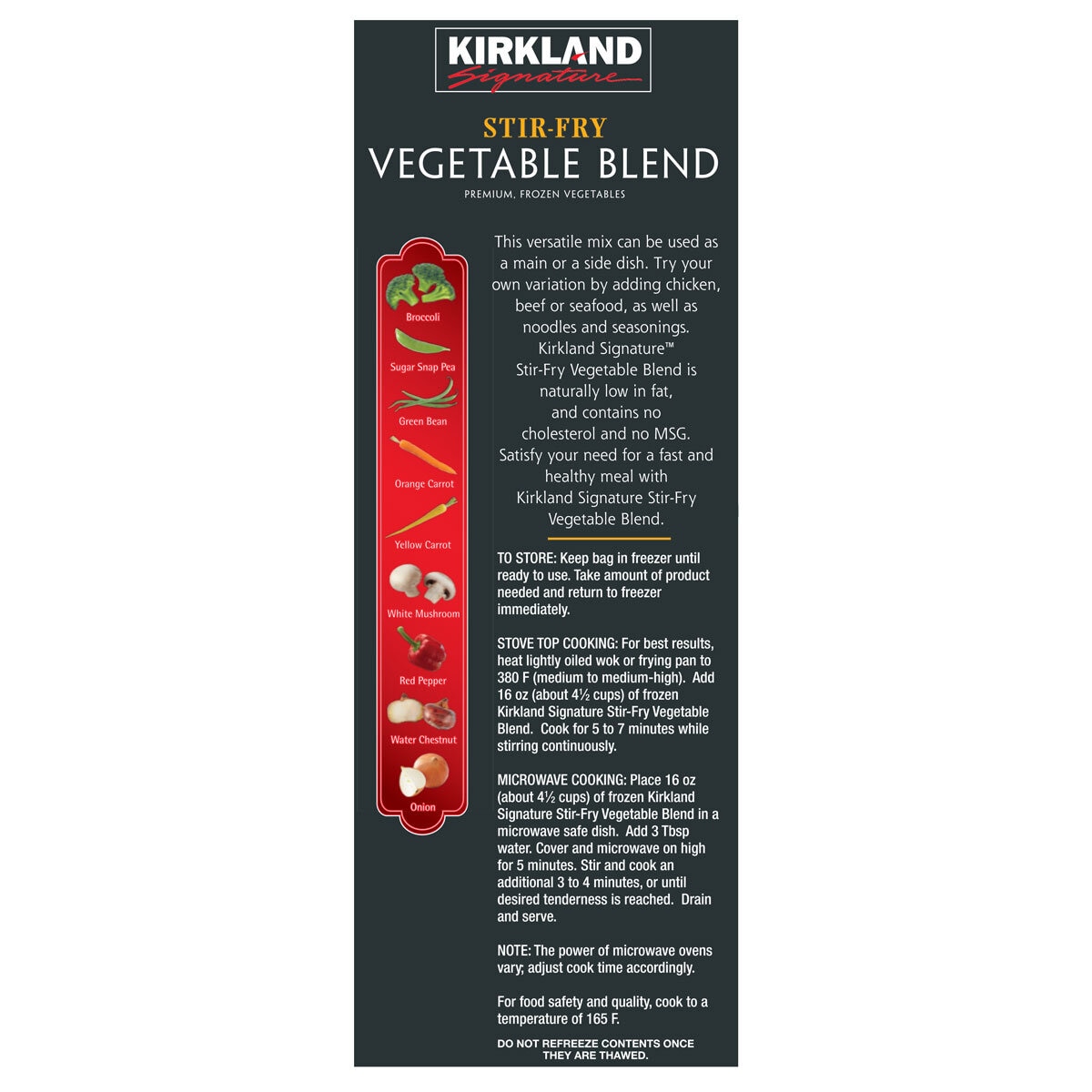 Kirkland Signature Stir Fry Blend storage and cooking instructions