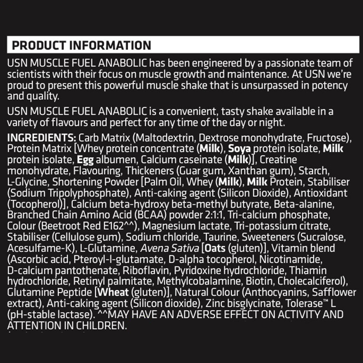 Ingreadient list for the Usn Musckle Fuel for allergy purposes