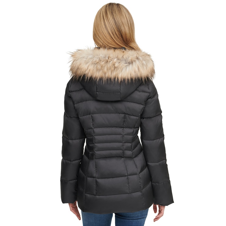 Andrew Marc Women's Short Down Jacket with Faux Fur Trim Hood in Black