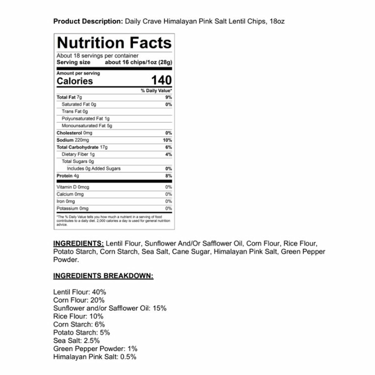 The Daily Crave Himalayan Pink Salt Lentil Chips, 510g