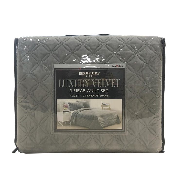 Berkshire Life Luxury Velvet 3 Piece King Size Quilt Set, Grey Costco UK