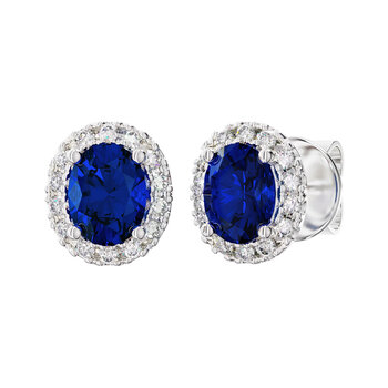 Oval Cut Blue Sapphire & 0.16ctw Diamond Halo Earrings, 14ct White Gold