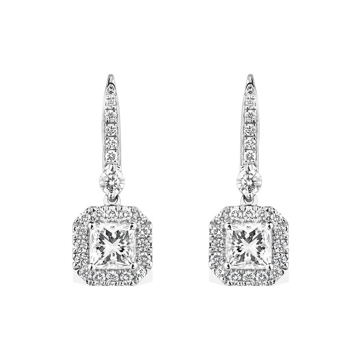 2.00ctw Princess & Round Brilliant Cut Diamond Halo Earring, 18ct White Gold