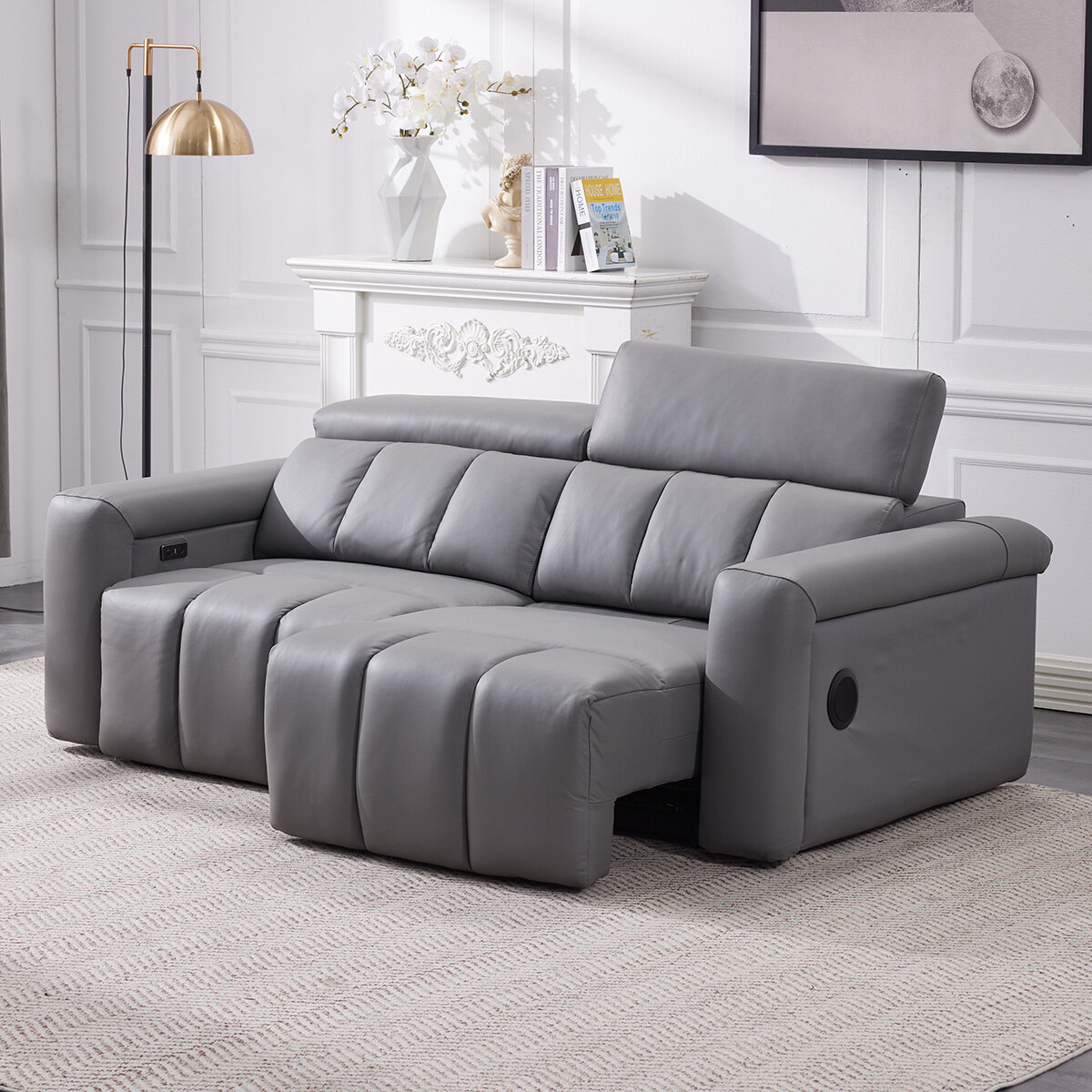 Dallas Grey Leather Power Sliding 3 Seater Sofa