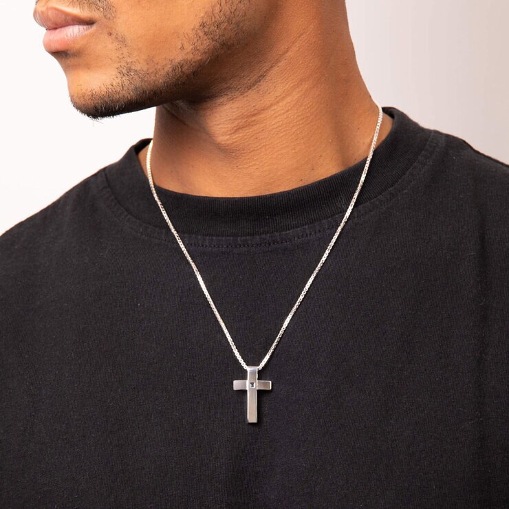 Fred Bennett Sterling Silver Cross Pendant with Blue Sapphire Stone Fred Bennett Sterling Silver Cross Pendant with Blue Sapphire Stone