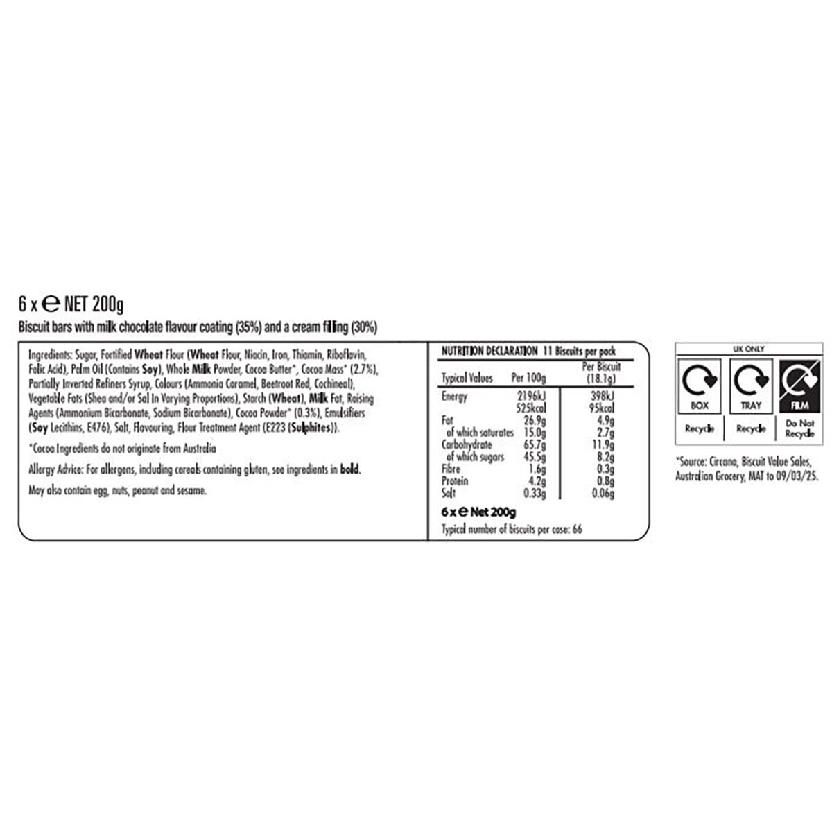 Arnotts Tim Tam Original Chocolate Biscuits, 6 x 200g