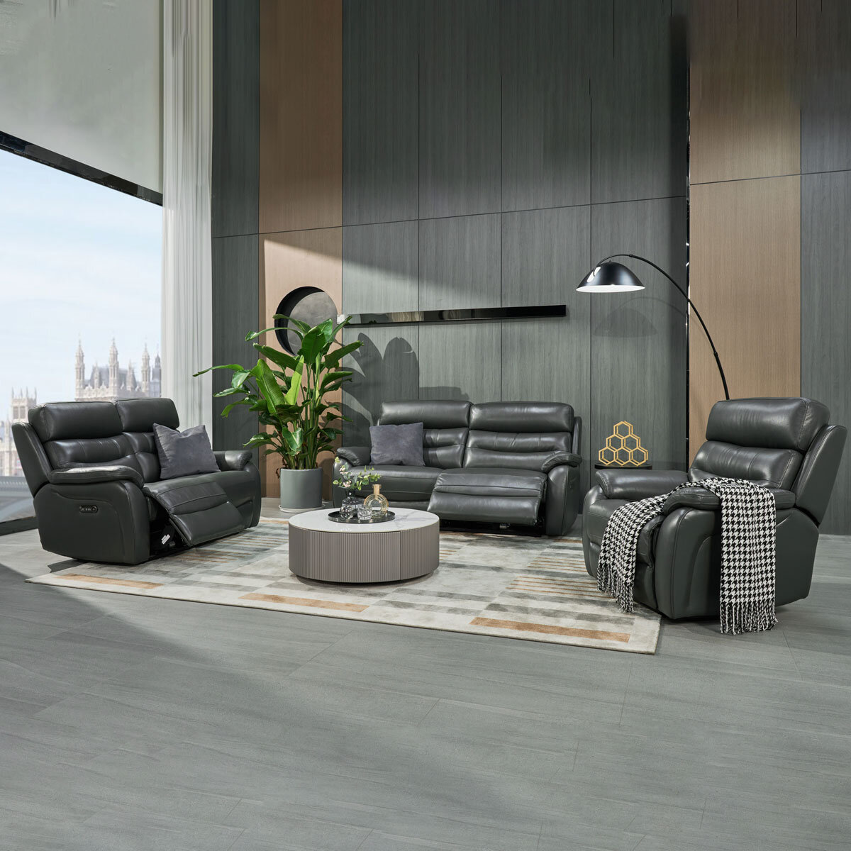 Fletcher Dark Grey Leather Power Reclining 2 Seater Sofa with Power Headrest