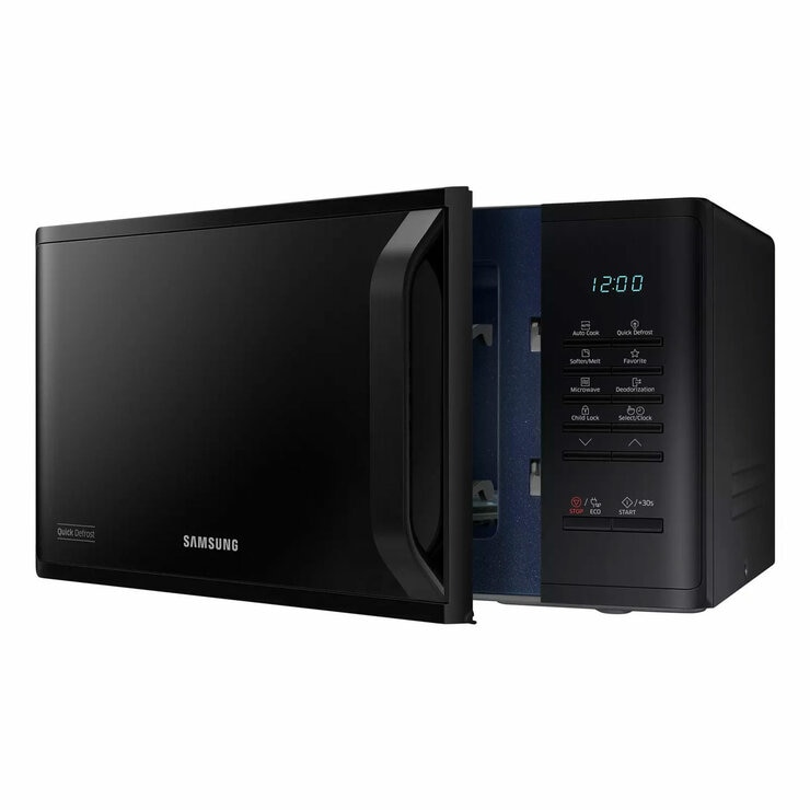Front Profile of Samsung MS23K3513AK 23 Litre Solo Microwave in Black Side Profile or Door ajar