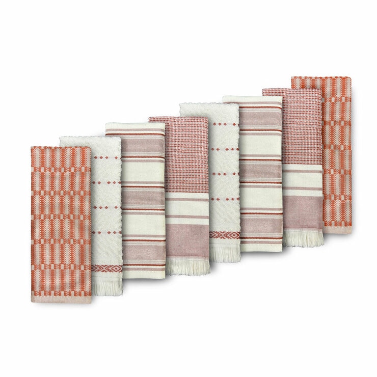Set of eight folded woven tea towels in red, pink and white stripes and checks, displayed side by side to highlight their varied textures with a plain background