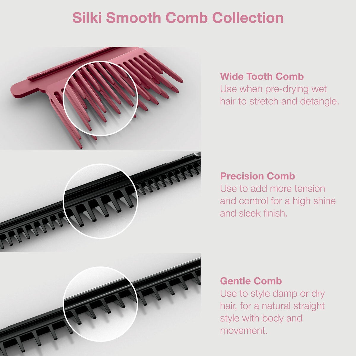 Lifestyle image showing silki smooth comb collection Lifestyle image showing silki smooth comb collection