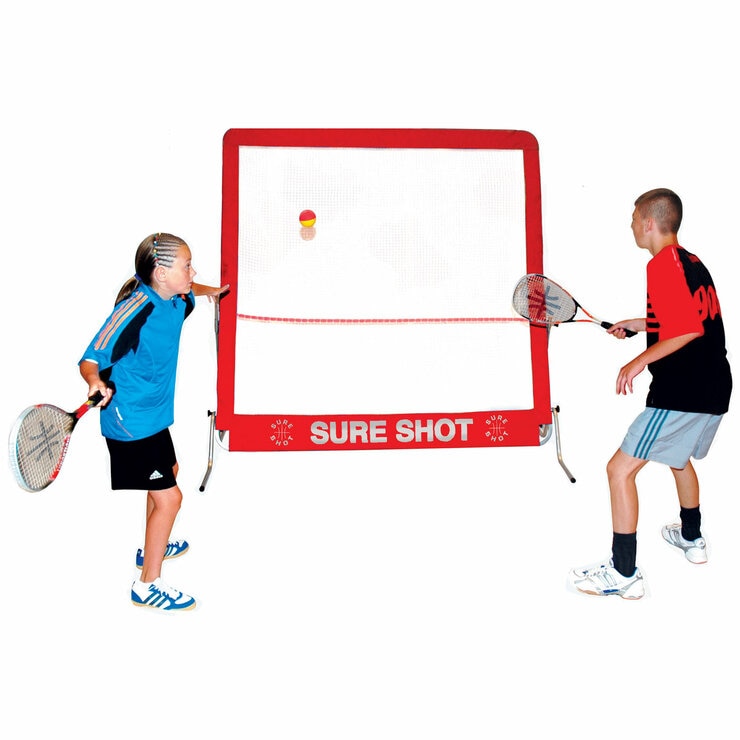 Studio image showing two people playing squash using the Sure Shot squash wall