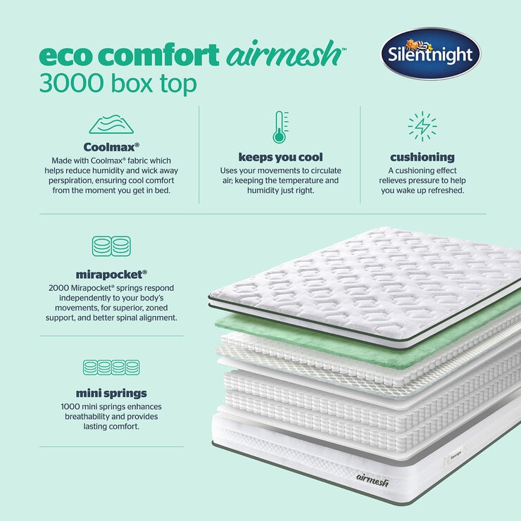 Silentnight AirMesh® 3000 Pocket Boxtop Mattress & Slate Grey 4 Drawer Divan, Double