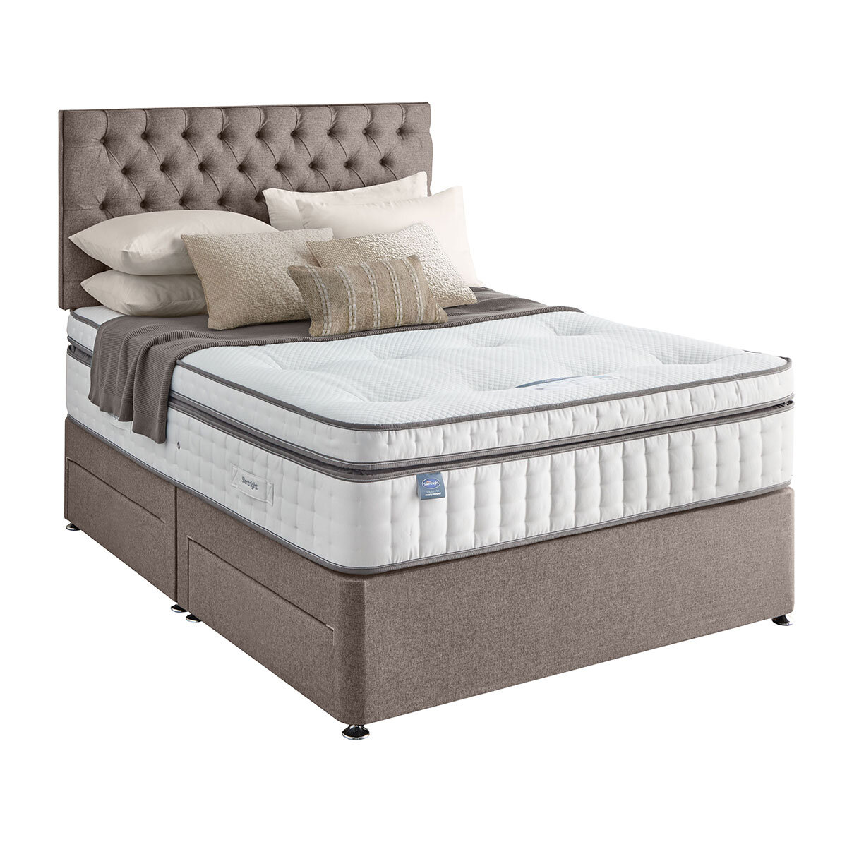 Silentnight 4 Drawer Divan Base with Eden Headboard in Pebble in 3 Sizes