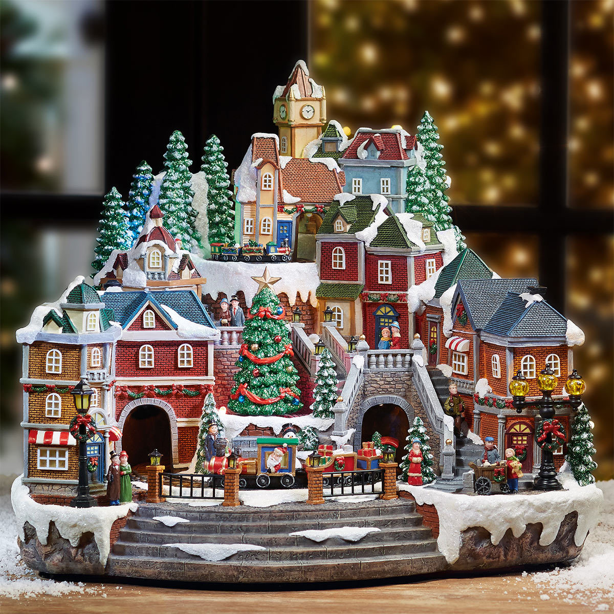 14.5 Inch (37 cm) Animated LED Winter Village Scene with Rotating Train and Music