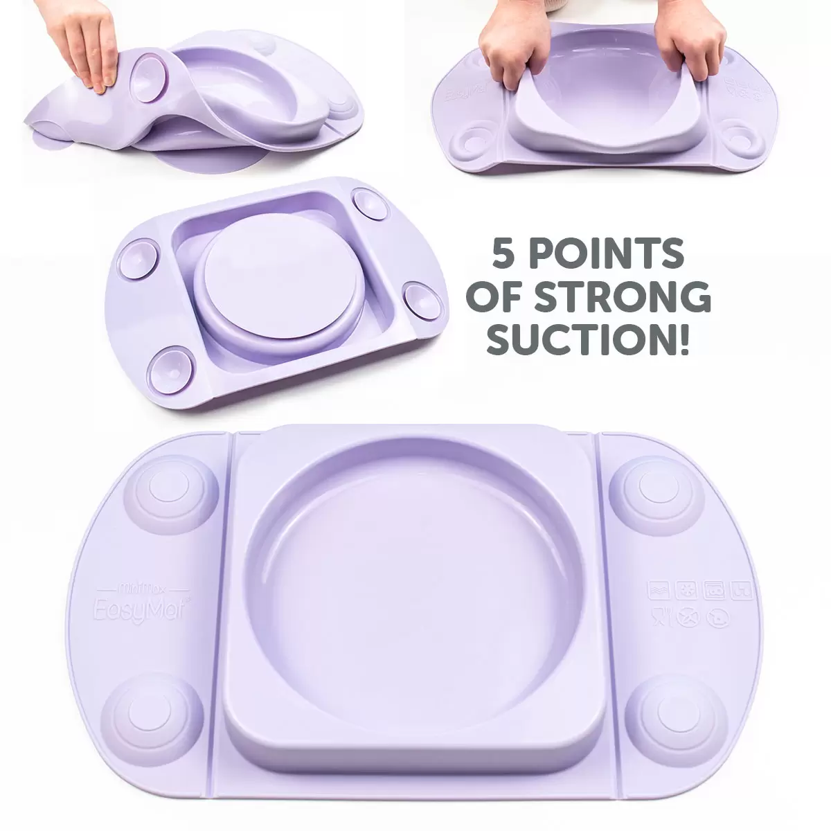 Lifestyle image of Lilac plate, all different angles showing suction points