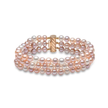 5.5-6mm Cultured Freshwater Multi Colour Pearl 3 Row Bracelet, 14ct Yellow Gold