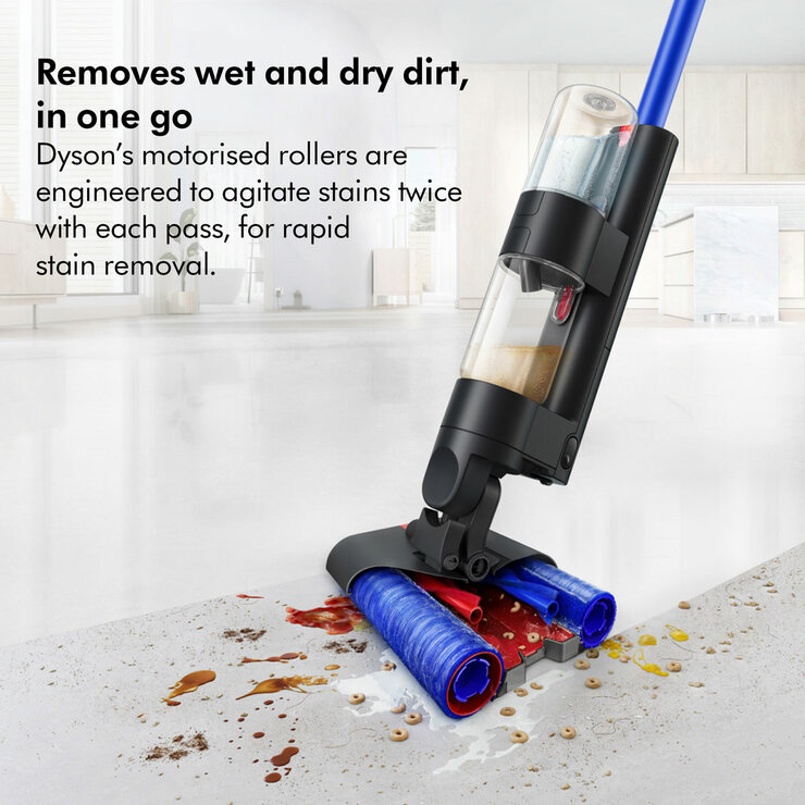 Lifestyle images of Dyson WashG1 wet floor cleaner removing wet and dry dirt in one go