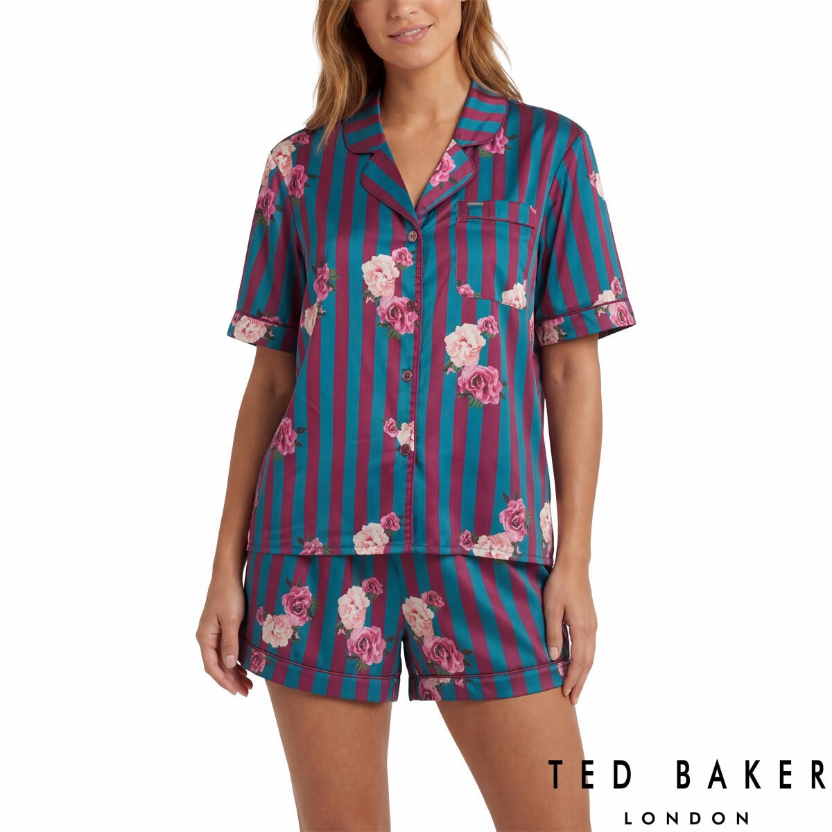 Ted Baker Ladies Satin 2 Piece PJ Set in Burgundy & Dark Blue