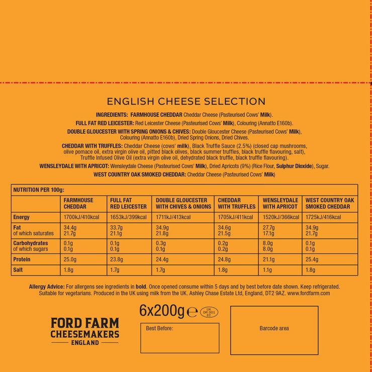 Back label for 6x200g box of BRITISH CHEESE SELECTION
