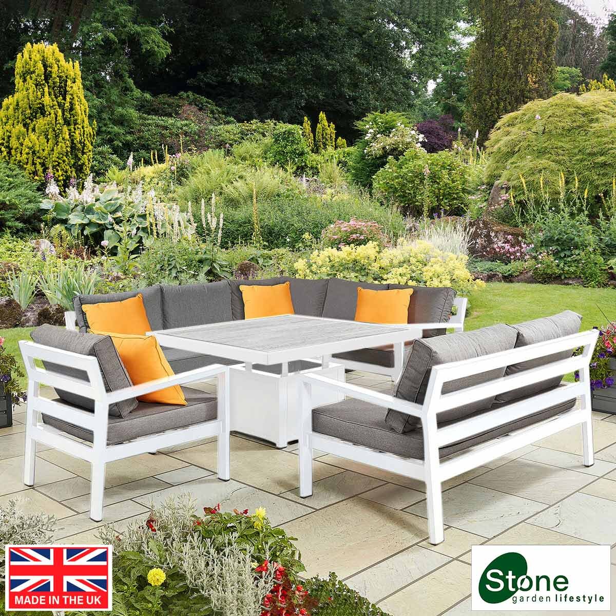 Stone Garden 4 Piece Deep Seating Corner Patio Set with Dual Height Ceramic Table in White