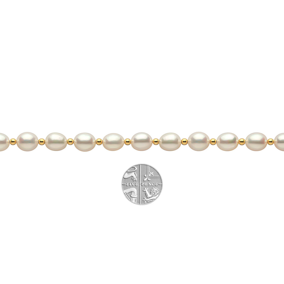 8-8.5mm Cultured Freshwater White Oval Pearl and Gold Bead Bracelet, 18ct Yellow Gold