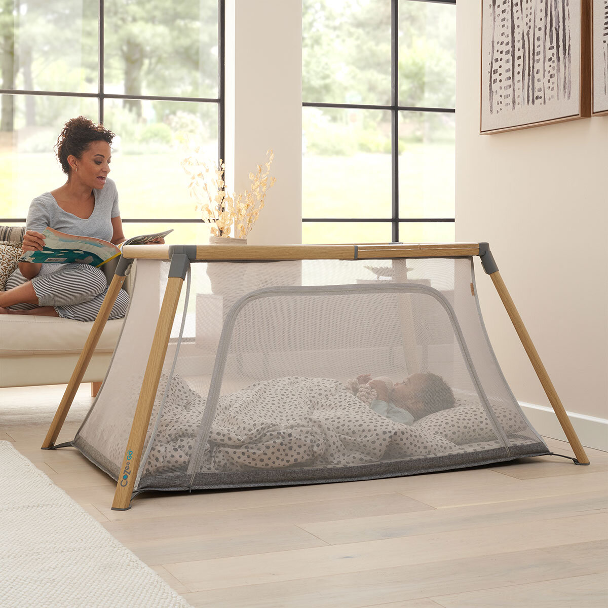 Tutti Bambini CoZee Go Day & Night Travel Cot Bundle, Oak & Charcoal