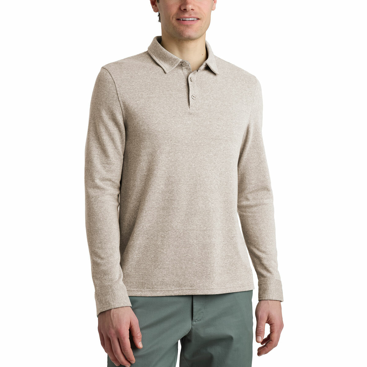 English Laundry Men's Long Sleeve Jersey Polo in Beige English Laundry Men's Long Sleeve Jersey Polo in Beige