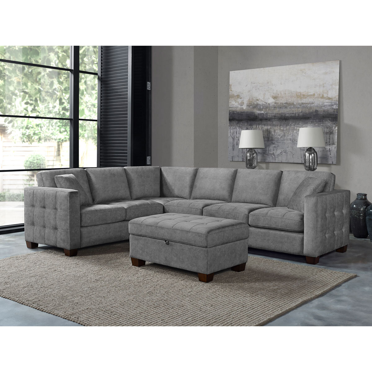 Thomasville Kylie Grey Fabric Corner Sofa with Storage Ottoman