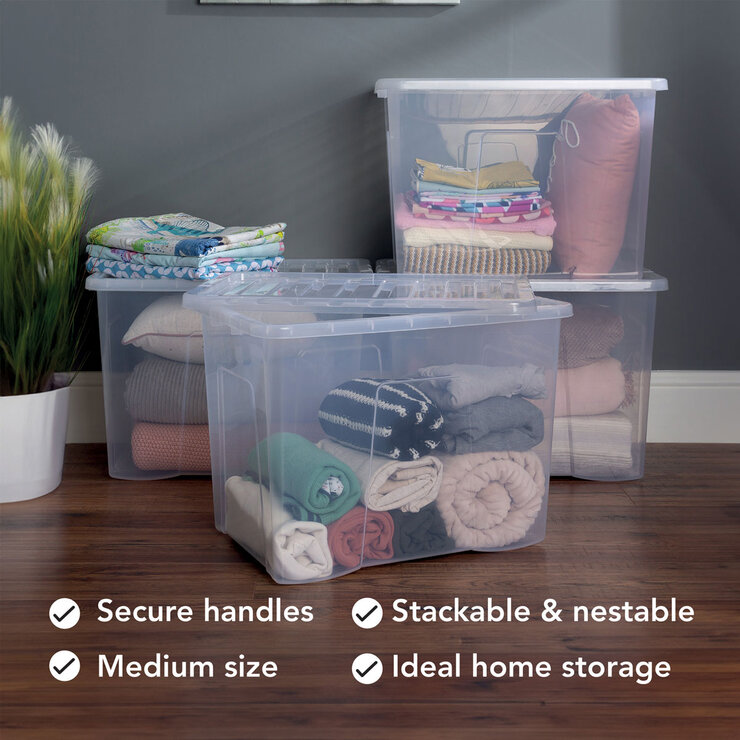 Wham 80L Crystal Clear Plastic Box and Lid - 3 Pack