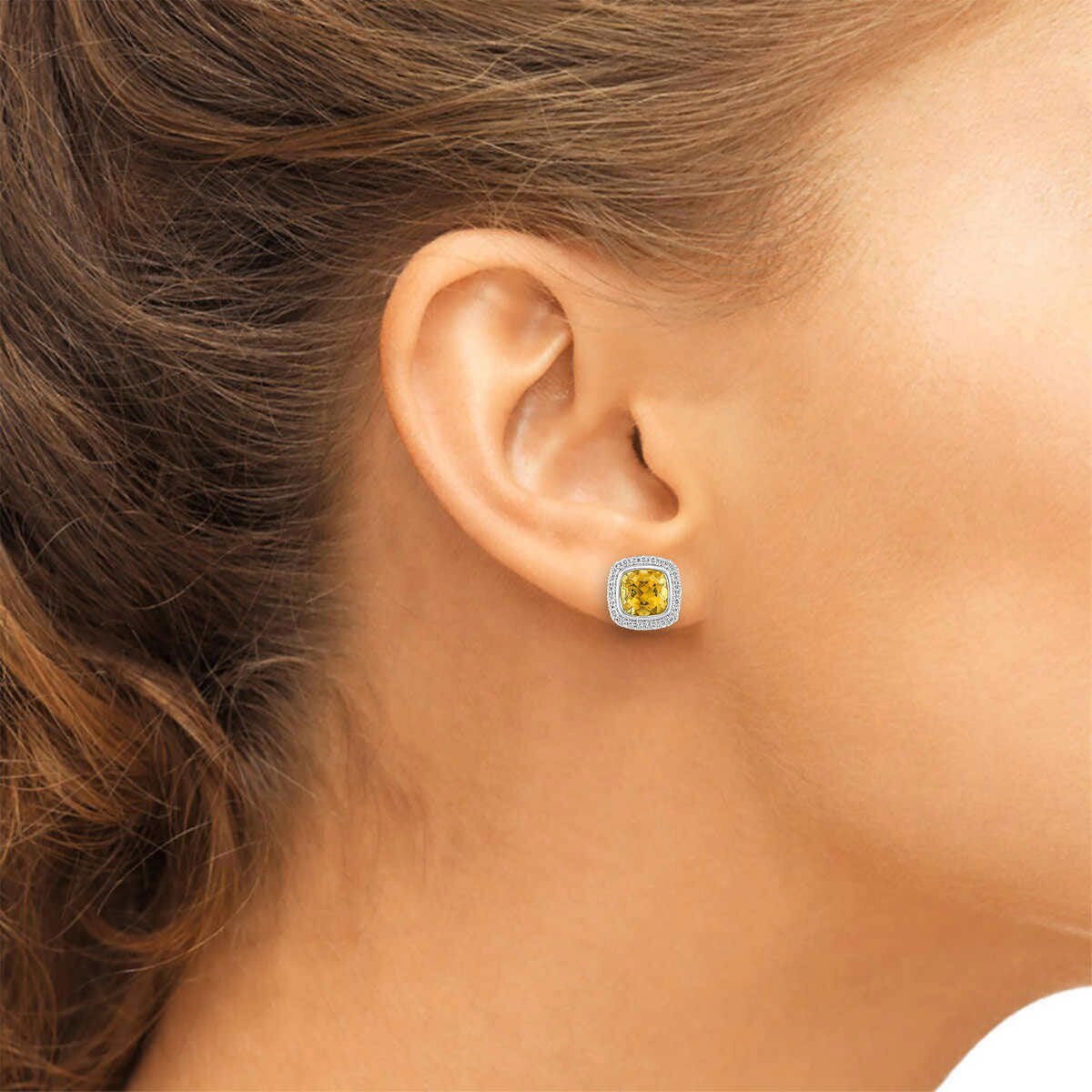 Cushion Cut Citrine & 0.23ctw Diamond Stud Earring, 14ct Whit Gold