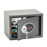Cut out image of partially open safe on white background