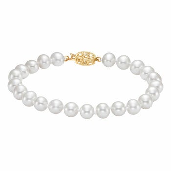 7-7.5mm Cultured Freshwater White Pearl Bracelet, 14ct Yellow Gold