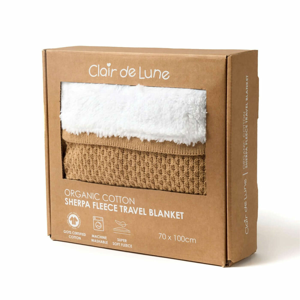 Clair De Lune Organic Cotton Beige Sherpa Fleece Travel Blanket, 70 x 100 cm