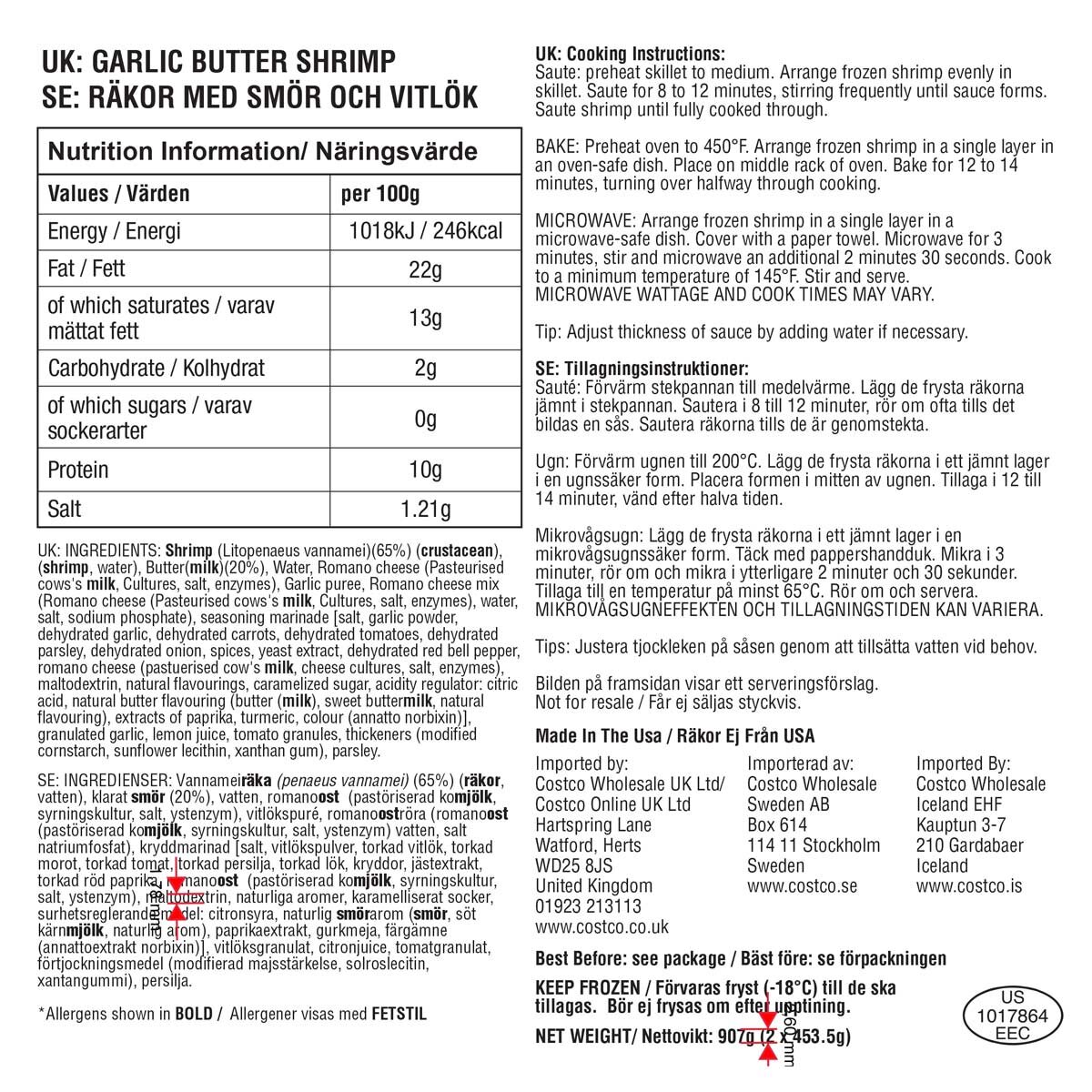 Kirkland Signature Garlic Butter Shrimp, 2 x 454g