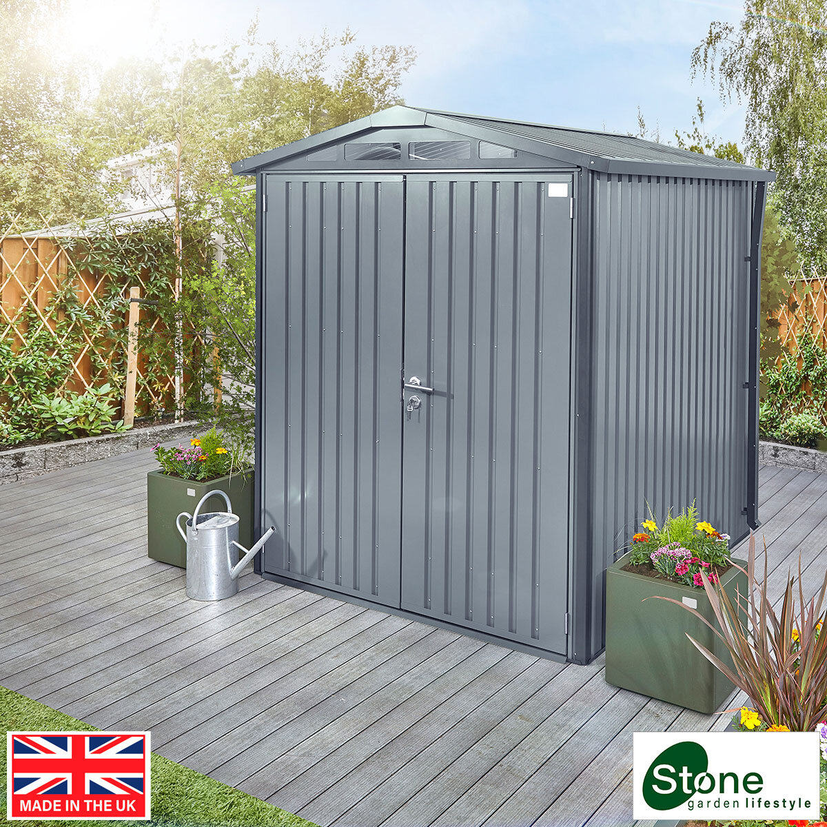 Stone Garden 6ft 2" x 7ft 10" (1.89 x 2.4m) Apex Steel Shed in Grey