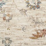 Beige rug with symmetrical floral and geometric pattern in muted blue, red, yellow, and grey